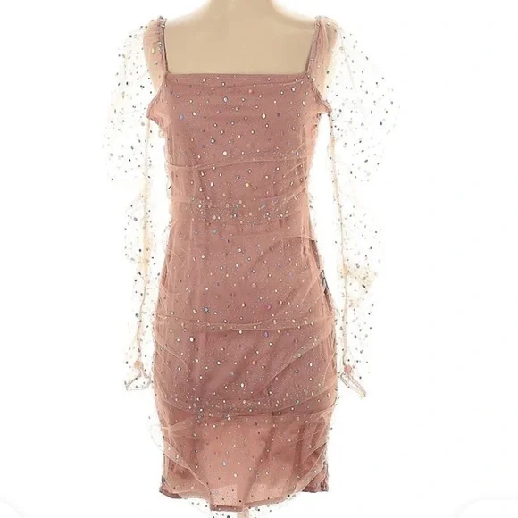 AREA STARS Stardust Pink Y2K Barbie Sheer Ruched Long Sleeve Mini Dress M - Picture 5 of 6